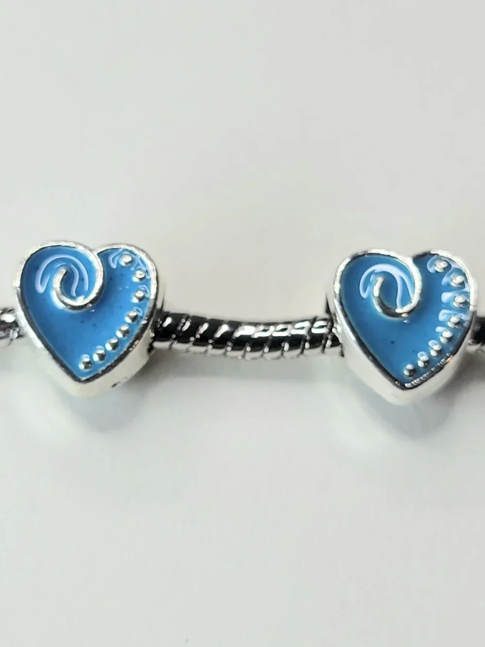 New! For Pandora Bracelets TWO Bright Blue And Silver Color Chunky Heart Charms - Picture 5 of 5